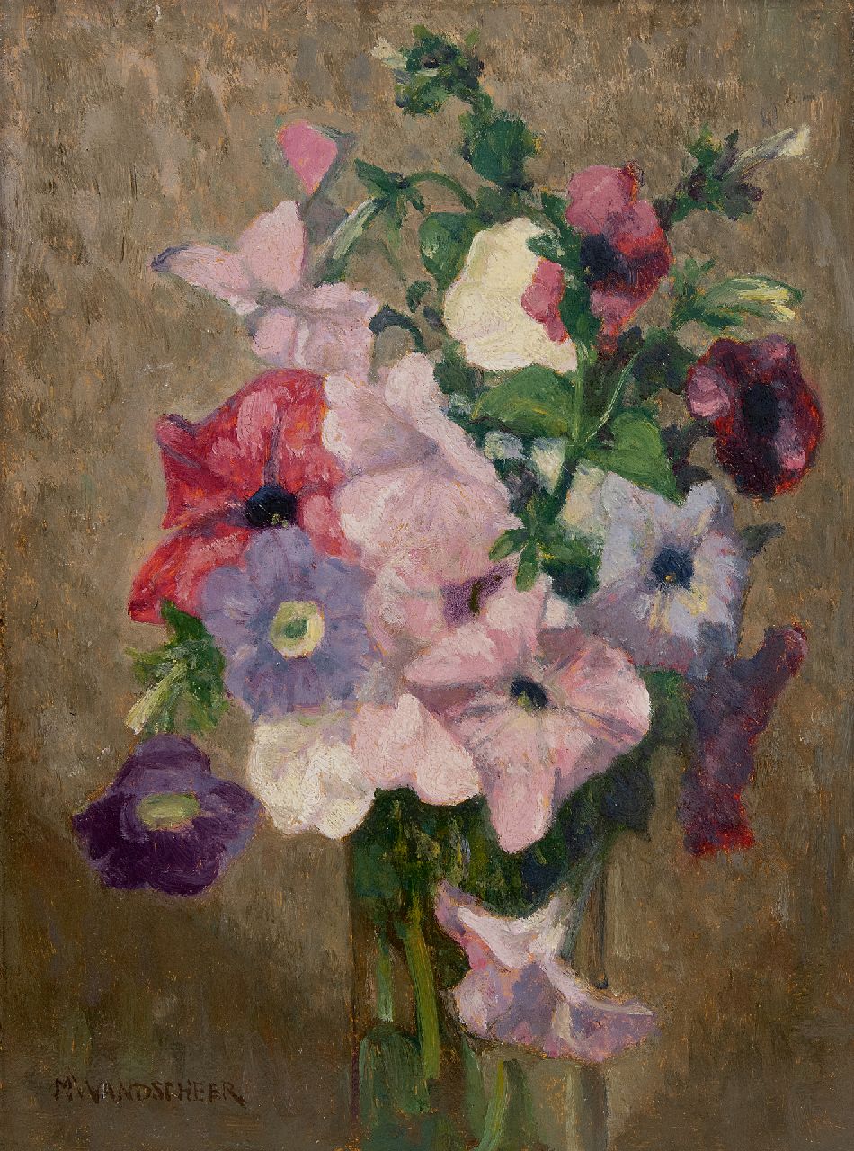 Wandscheer M.W.  | Maria Wilhelmina 'Marie' Wandscheer, Bloemstilleven met petunia's, olieverf op paneel 32,2 x 23,6 cm, gesigneerd linksonder
