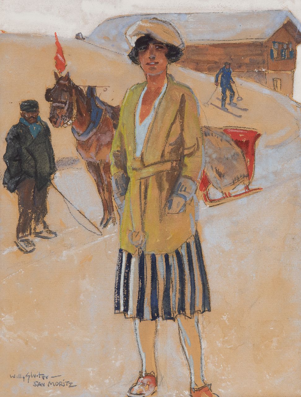 Sluiter J.W. | Jan Willem 'Willy' Sluiter, Wintersport in St. Moritz, zwart krijt en aquarel op papier 31,2 x 25,1 cm, gesigneerd linksonder en verso gedateerd 1928 Sluiter J.W. | Jan Willem 'Willy' Sluiter, Wintersport in St. Moritz, zwart krijt en aquarel op papier 31,2 x 25,1 cm, gesigneerd linksonder en verso gedateerd 1928