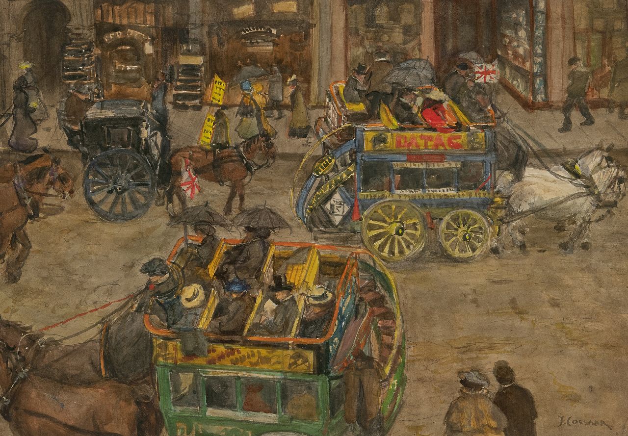 Cossaar J.C.W.  | Jacobus Cornelis Wyand 'Ko' Cossaar | Aquarellen en tekeningen te koop aangeboden | Omnibussen in een Londense straat, potlood en aquarel op papier 38,8 x 55,8 cm, gesigneerd rechtsonder
