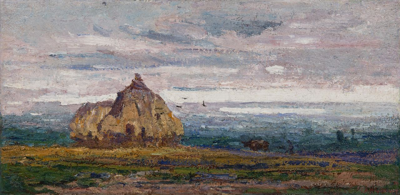 Gouwe A.H. | Adriaan Herman Gouwe, Panoramisch landschap met hooiruiters, olieverf op doek 22,3 x 45,5 cm, gesigneerd rechtsonder en gedateerd '14 Gouwe A.H. | Adriaan Herman Gouwe, Panoramisch landschap met hooiruiters, olieverf op doek 22,3 x 45,5 cm, gesigneerd rechtsonder en gedateerd '14
