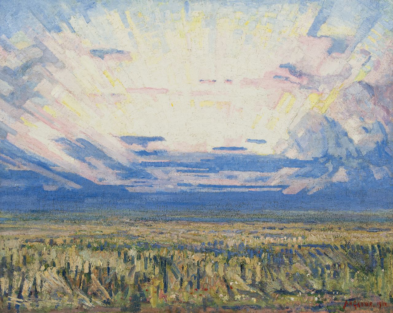 Gouwe A.H. | Adriaan Herman Gouwe, Landschap bij zonsopgang, olieverf op doek 79,8 x 99,5 cm, gesigneerd rechtsonder en gedateerd 1914 Gouwe A.H. | Adriaan Herman Gouwe, Landschap bij zonsopgang, olieverf op doek 79,8 x 99,5 cm, gesigneerd rechtsonder en gedateerd 1914