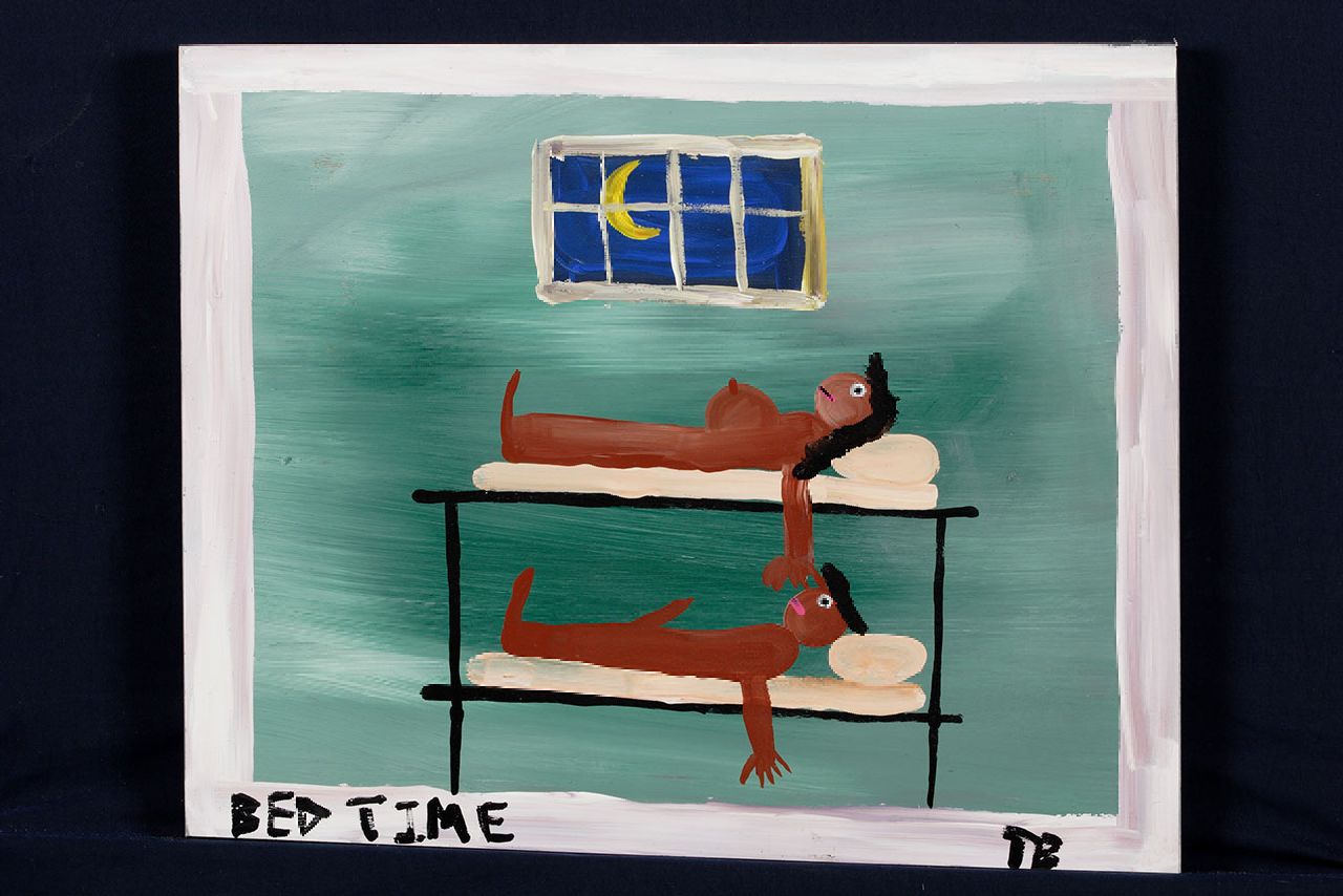 Brown T. | Timothy 'Tim' Brown, Bed time, acryl op paneel 39,0 x 47,0 cm, gesigneerd rechtsonder met initialen Brown T. | Timothy 'Tim' Brown, Bed time, acryl op paneel 39,0 x 47,0 cm, gesigneerd rechtsonder met initialen
