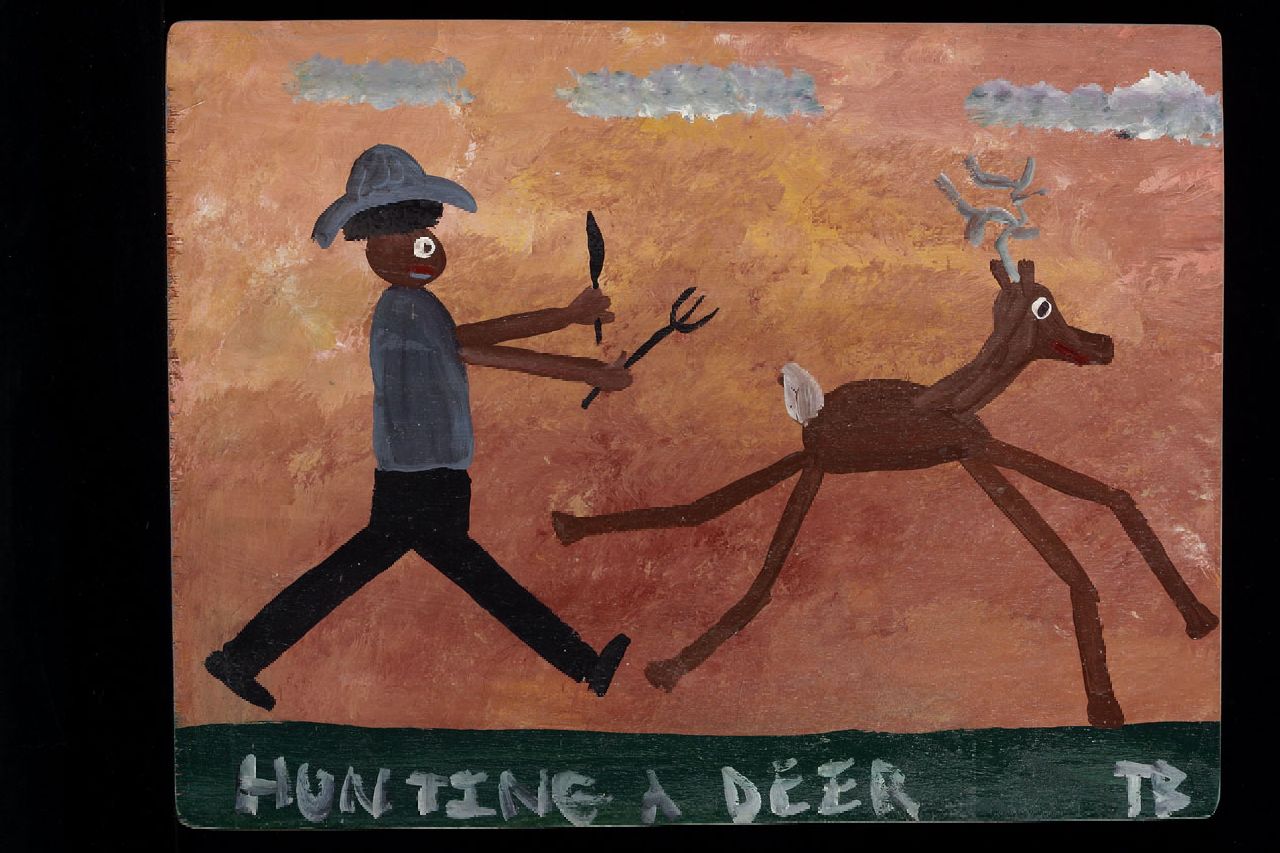 Brown T. | Timothy 'Tim' Brown, Hunting a deer, acryl op paneel 35,0 x 46,0 cm, gesigneerd rechtsonder met initialen Brown T. | Timothy 'Tim' Brown, Hunting a deer, acryl op paneel 35,0 x 46,0 cm, gesigneerd rechtsonder met initialen