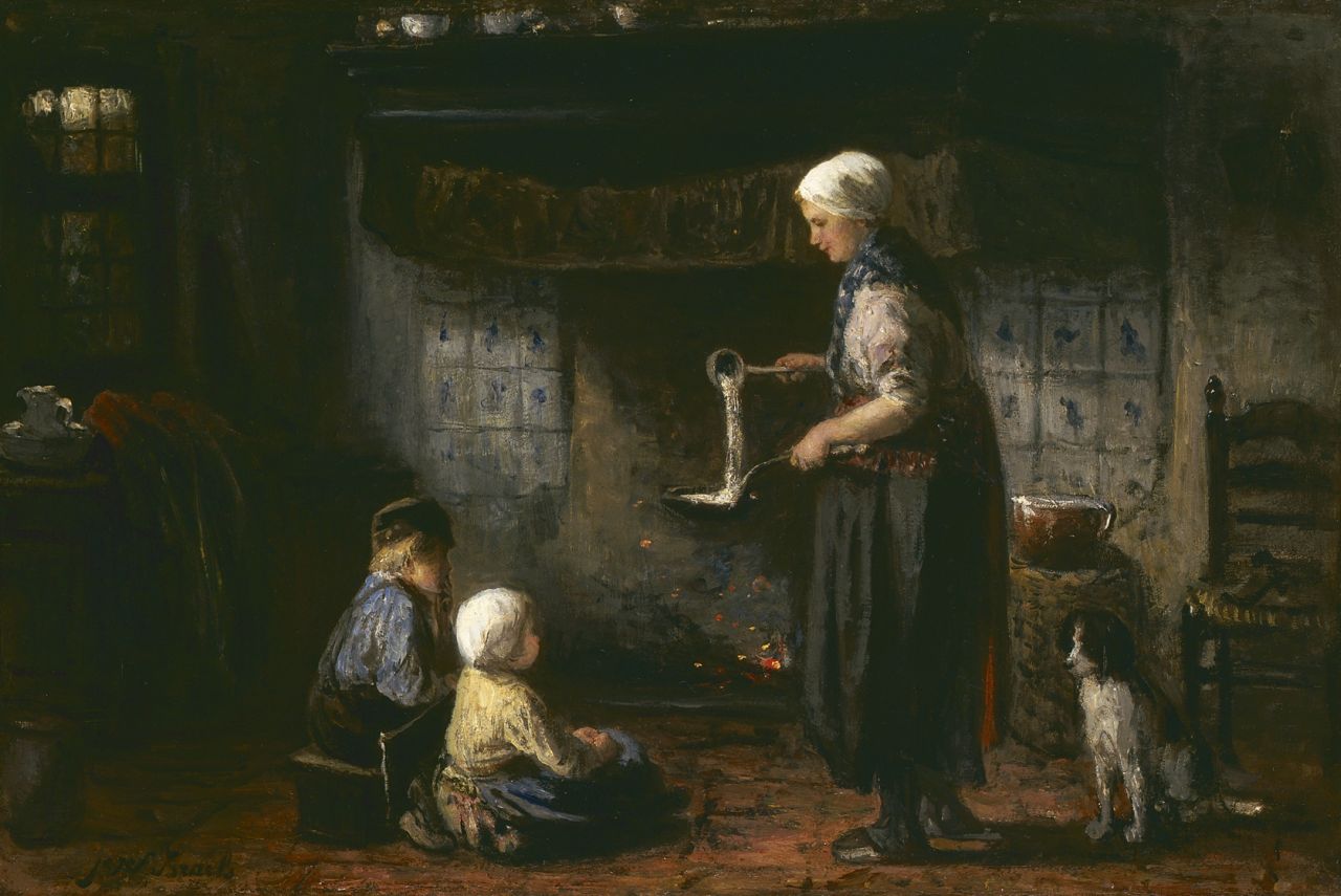 Israëls J.  | Jozef Israëls, Pannenkoeken bakken, olieverf op doek 33,7 x 50,0 cm, gesigneerd linksonder