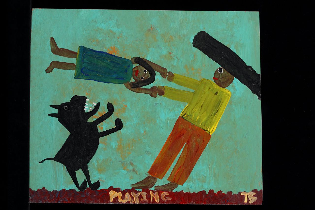 Brown T. | Timothy 'Tim' Brown, Playing, acryl op paneel 36,0 x 43,0 cm, gesigneerd rechtsonder met initialen Brown T. | Timothy 'Tim' Brown, Playing, acryl op paneel 36,0 x 43,0 cm, gesigneerd rechtsonder met initialen