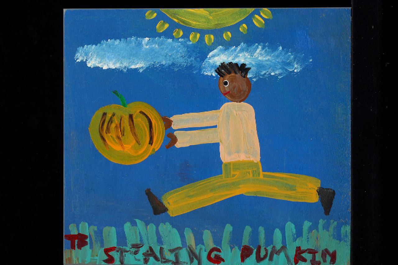Brown T. | Timothy 'Tim' Brown, Stealing pumkin, acryl op paneel 35,0 x 39,0 cm, gesigneerd linksonder met initialen Brown T. | Timothy 'Tim' Brown, Stealing pumkin, acryl op paneel 35,0 x 39,0 cm, gesigneerd linksonder met initialen
