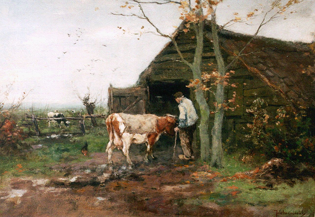 Scherrewitz J.F.C. | Johan Frederik Cornelis Scherrewitz, Boer met zijn vee op het erf, olieverf op paneel 28,2 x 39,8 cm, gesigneerd rechtsonder Scherrewitz J.F.C. | Johan Frederik Cornelis Scherrewitz, Boer met zijn vee op het erf, olieverf op paneel 28,2 x 39,8 cm, gesigneerd rechtsonder