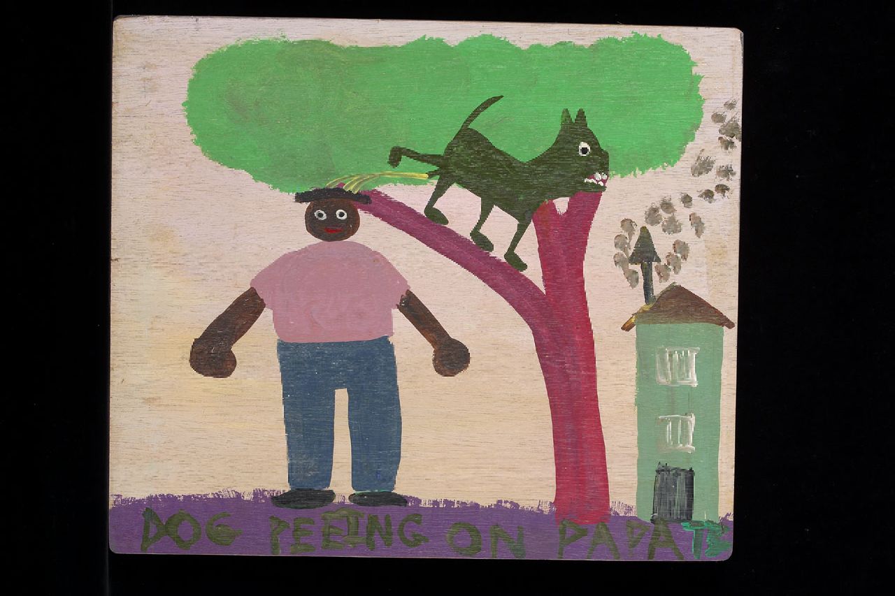 Brown T. | Timothy 'Tim' Brown, Dog peeing on papa, acryl op paneel 40,0 x 47,0 cm, gesigneerd rechtsonder met initialen Brown T. | Timothy 'Tim' Brown, Dog peeing on papa, acryl op paneel 40,0 x 47,0 cm, gesigneerd rechtsonder met initialen
