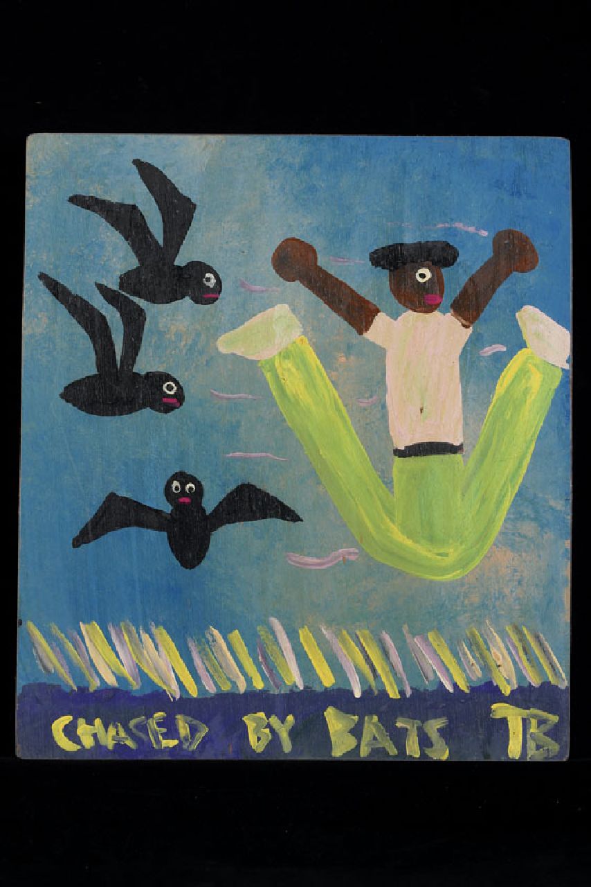 Brown T. | Timothy 'Tim' Brown, Chased by bats, acryl op paneel 40,0 x 36,0 cm, gesigneerd rechtsonder met initialen Brown T. | Timothy 'Tim' Brown, Chased by bats, acryl op paneel 40,0 x 36,0 cm, gesigneerd rechtsonder met initialen