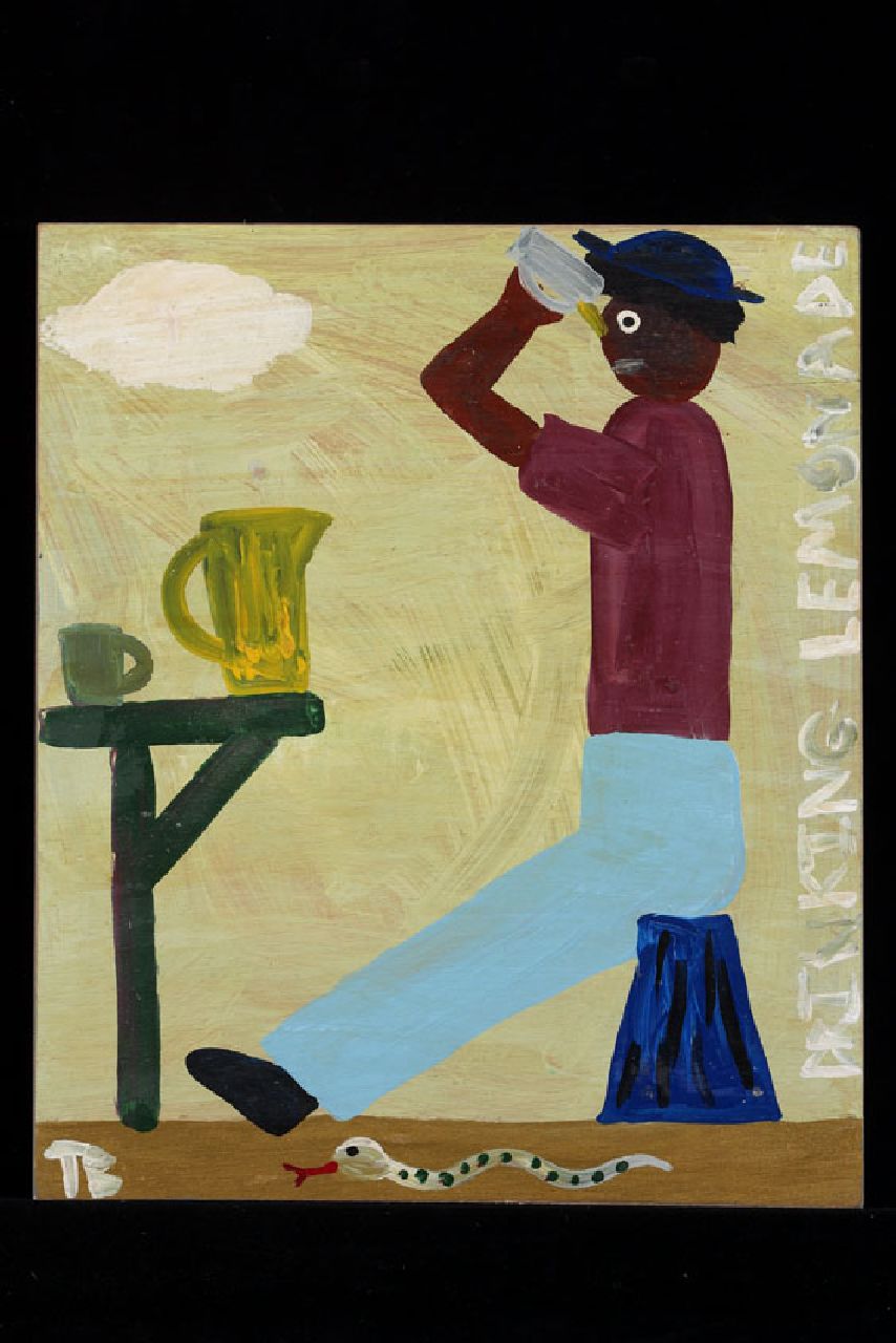 Brown T. | Timothy 'Tim' Brown, Drinking lemonade, acryl op paneel 43,0 x 36,0 cm, gesigneerd linksonder met initialen Brown T. | Timothy 'Tim' Brown, Drinking lemonade, acryl op paneel 43,0 x 36,0 cm, gesigneerd linksonder met initialen