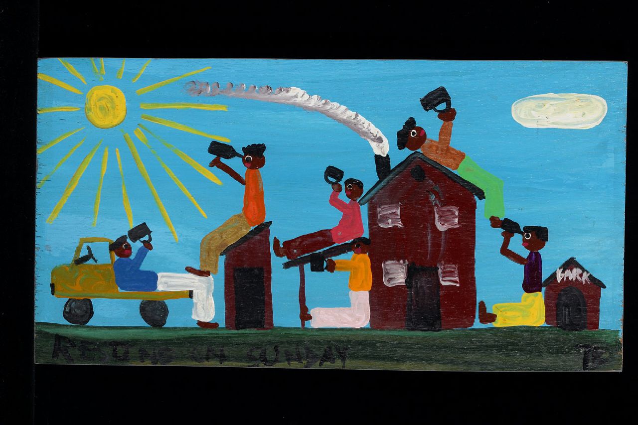 Brown T. | Timothy 'Tim' Brown, Resting on Sunday, acryl op paneel 29,0 x 55,0 cm, gesigneerd rechtsonder met initialen Brown T. | Timothy 'Tim' Brown, Resting on Sunday, acryl op paneel 29,0 x 55,0 cm, gesigneerd rechtsonder met initialen