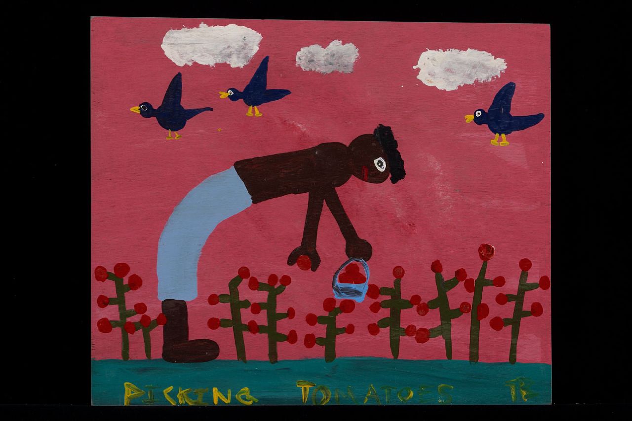 Brown T. | Timothy 'Tim' Brown, Picking tomatoes, acryl op paneel 34,0 x 40,0 cm, gesigneerd rechtsonder met initialen Brown T. | Timothy 'Tim' Brown, Picking tomatoes, acryl op paneel 34,0 x 40,0 cm, gesigneerd rechtsonder met initialen