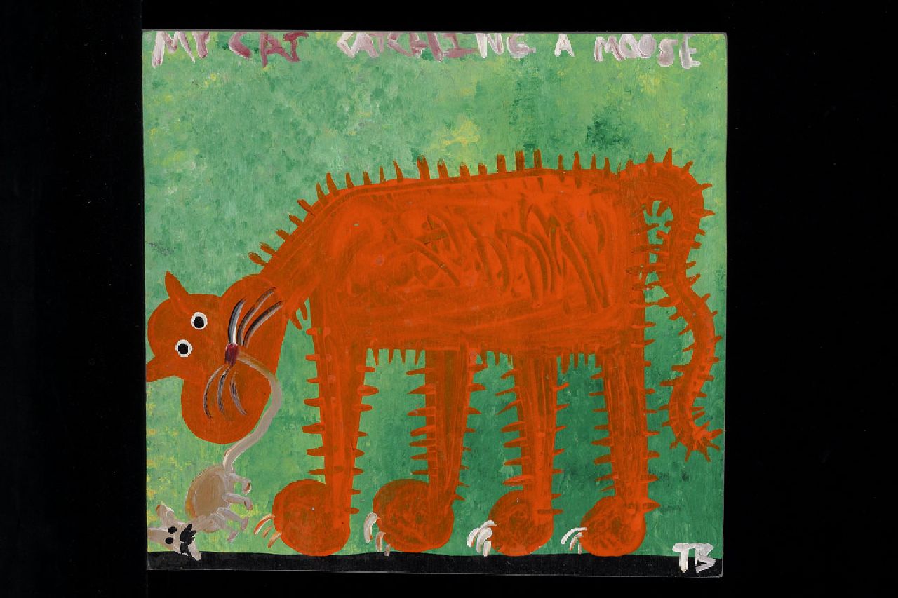 Brown T.  | Timothy 'Tim' Brown, My cat catching a mouse, acryl op paneel 34,0 x 37,0 cm, gesigneerd rechtsonder met initialen