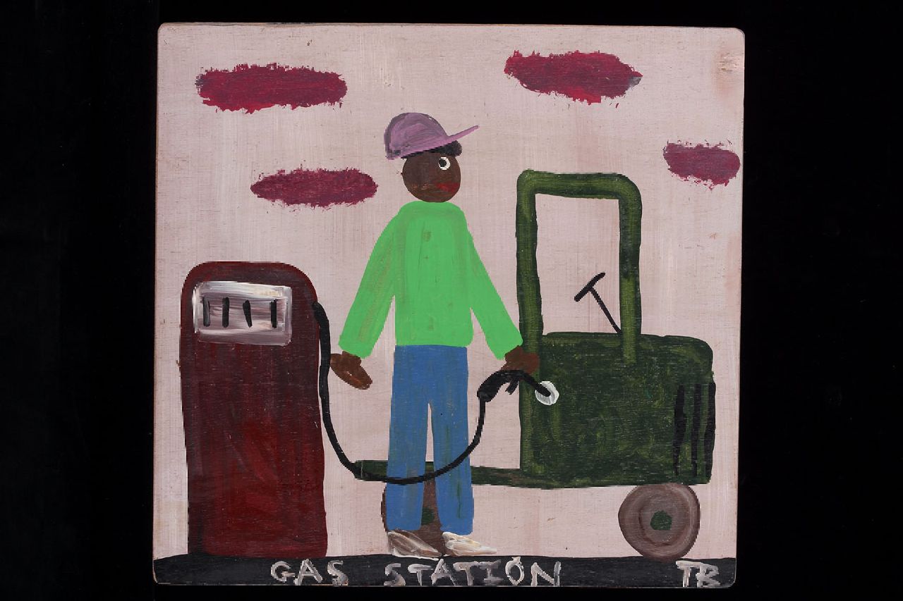 Brown T.  | Timothy 'Tim' Brown, Gas station, acryl op paneel 41,0 x 43,0 cm, gesigneerd rechtsonder met initialen