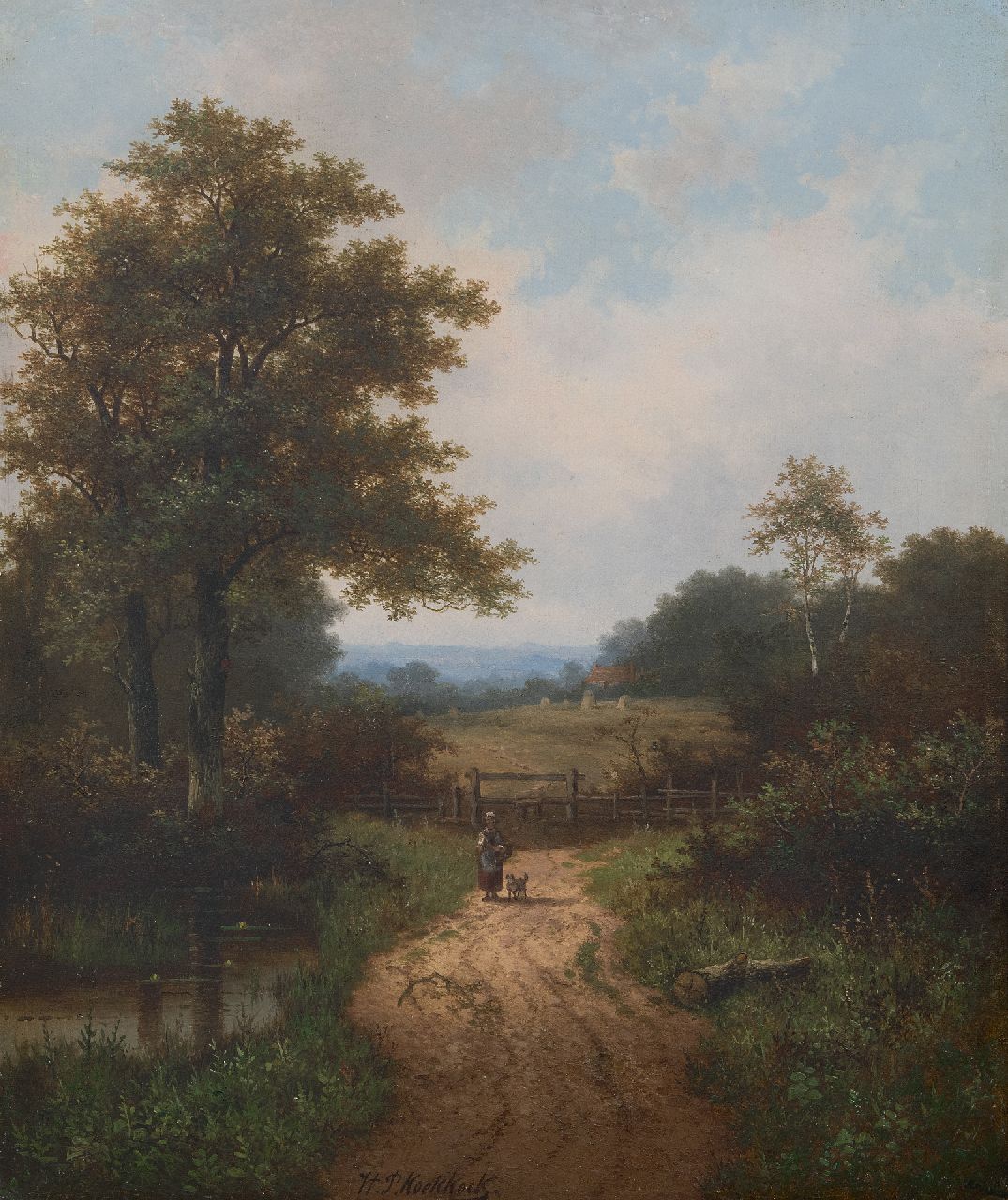Koekkoek P.H.  | Pieter Hendrik 'H.P.' Koekkoek, Boerin en hond op beboste landweg, olieverf op doek 61,0 x 50,7 cm, gesigneerd middenonder