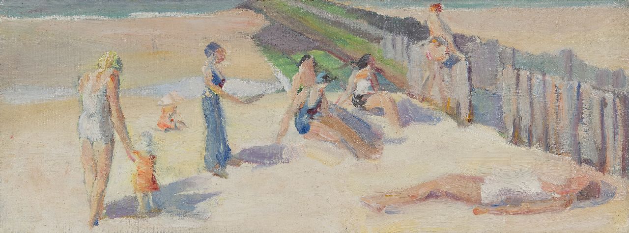 Kat E. de | Ewoud de Kat | Schilderijen te koop aangeboden | Zonnebaden op het strand, Zeeland, olieverf op doek 13,5 x 35,3 cm