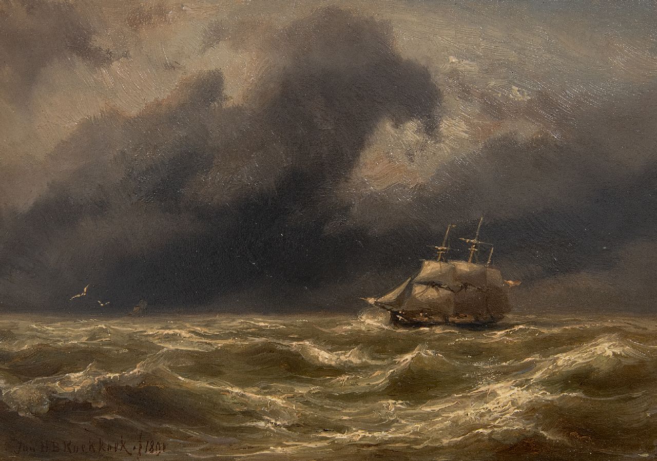 Koekkoek J.H.B. | Johannes Hermanus Barend 'Jan H.B.' Koekkoek, Driemaster op zee in een storm, olieverf op paneel 17,0 x 23,8 cm, gesigneerd linksonder en gedateerd 1891 Koekkoek J.H.B. | Johannes Hermanus Barend 'Jan H.B.' Koekkoek, Driemaster op zee in een storm, olieverf op paneel 17,0 x 23,8 cm, gesigneerd linksonder en gedateerd 1891