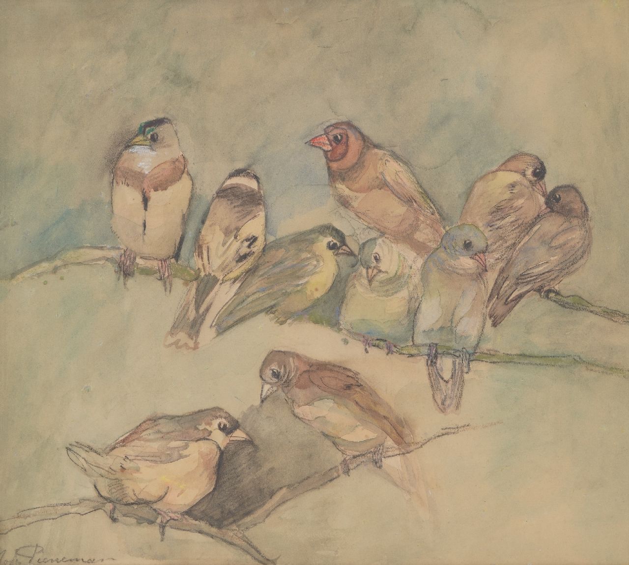 Johanna Pieneman | Vinken, zwart krijt en aquarel op papier, 30,3 x 33,5 cm, gesigneerd l.o.