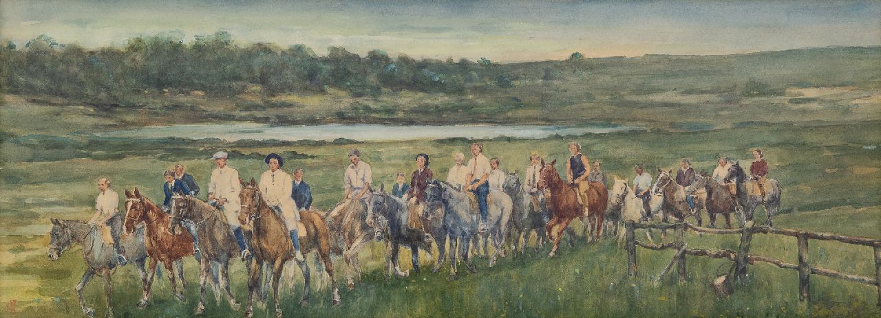 Jonge J.A. de | Johan Antoni de Jonge, Ruiters in de duinen, aquarel op papier 24,0 x 65,1 cm, gesigneerd linksonder met monogram Jonge J.A. de | Johan Antoni de Jonge, Ruiters in de duinen, aquarel op papier 24,0 x 65,1 cm, gesigneerd linksonder met monogram
