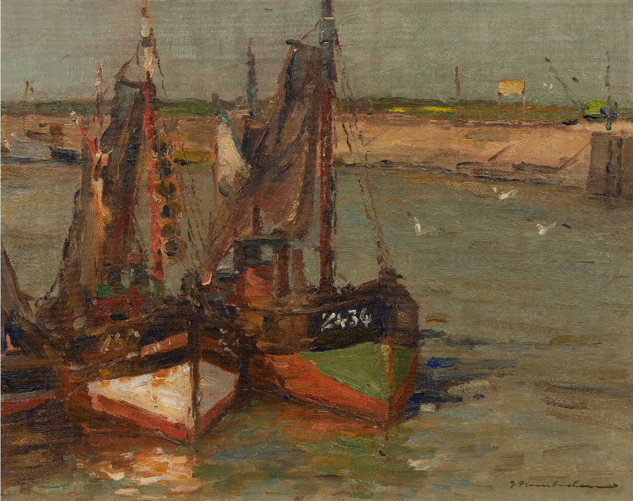 Hambüchen G.  | Georg Hambüchen | Schilderijen te koop aangeboden | Vissersboten in de haven van Zeebrugge, olieverf op doek 40,2 x 50,4 cm, gesigneerd rechtsonder
