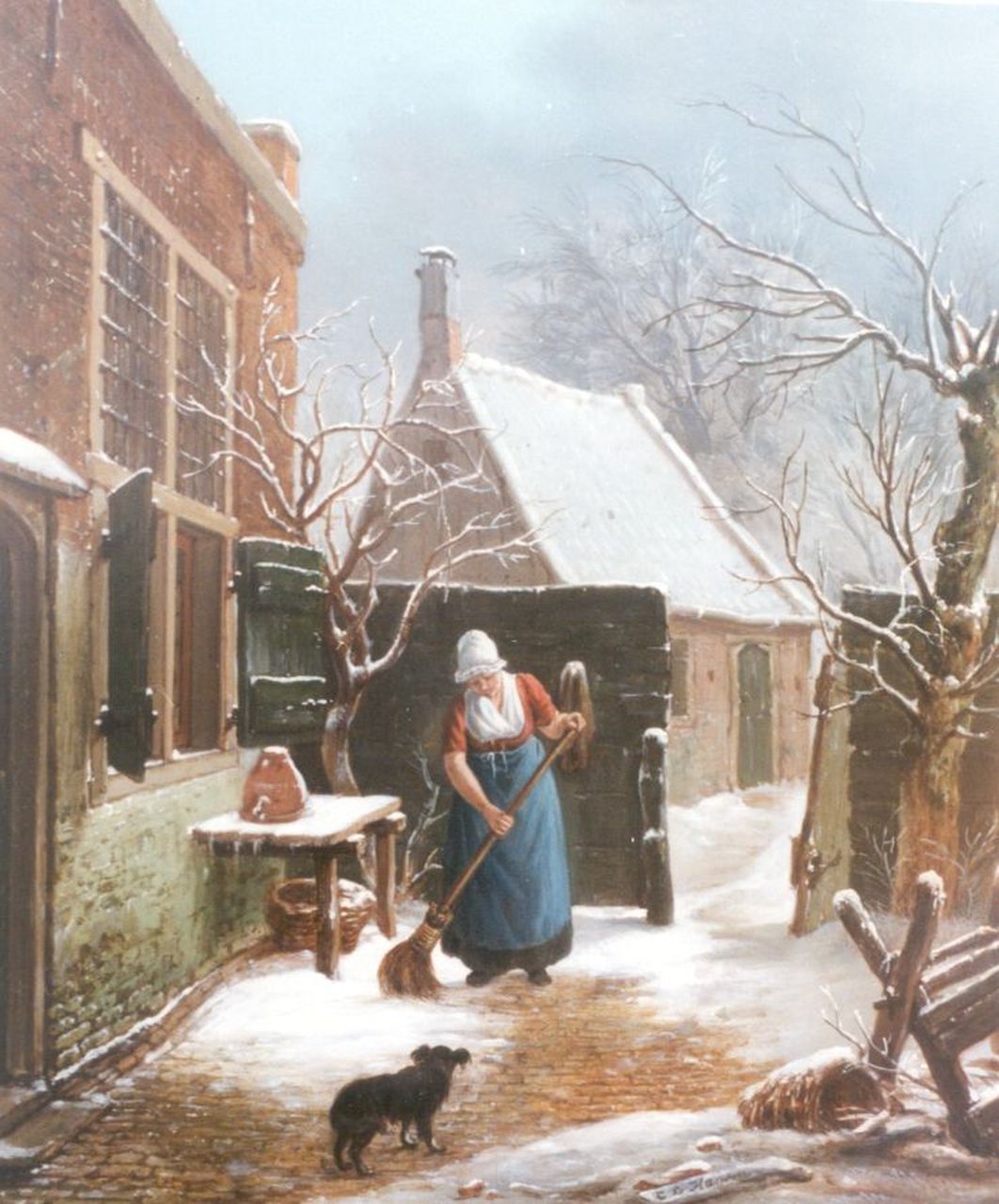 Hansen C.L. | Carel Lodewijk Hansen, Het aanvegen van het besneeuwde erf, olieverf op paneel 37,8 x 31,2 cm, gesigneerd rechtsonder Hansen C.L. | Carel Lodewijk Hansen, Het aanvegen van het besneeuwde erf, olieverf op paneel 37,8 x 31,2 cm, gesigneerd rechtsonder