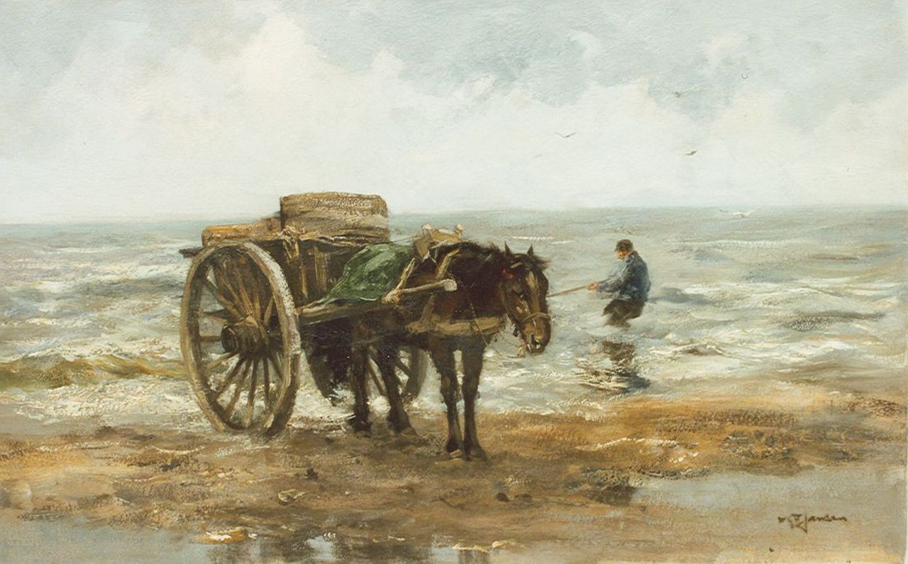 Jansen W.G.F. | 'Willem' George Frederik Jansen, Schelpenvisser in de branding, olieverf op doek 45,0 x 73,0 cm, gesigneerd rechtsonder Jansen W.G.F. | 'Willem' George Frederik Jansen, Schelpenvisser in de branding, olieverf op doek 45,0 x 73,0 cm, gesigneerd rechtsonder