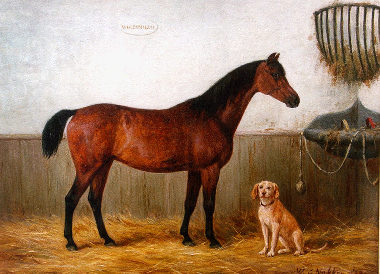 Nakken W.K. | Willem Karel 'W.C.' Nakken, Portret van paard 'Wolfsmilch' in stal, olieverf op paneel 33,6 x 45,0 cm, gesigneerd rechtsonder en gedateerd '88 Nakken W.K. | Willem Karel 'W.C.' Nakken, Portret van paard 'Wolfsmilch' in stal, olieverf op paneel 33,6 x 45,0 cm, gesigneerd rechtsonder en gedateerd '88