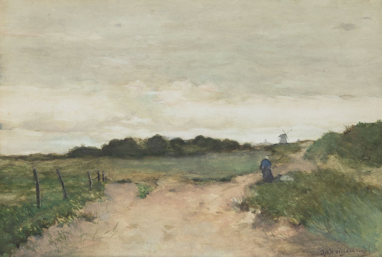 Weissenbruch H.J. | Hendrik Johannes 'J.H.' Weissenbruch, Vissersvrouw in de duinen, aquarel op papier 59,5 x 40,5 cm, gesigneerd rechtsonder Weissenbruch H.J. | Hendrik Johannes 'J.H.' Weissenbruch, Vissersvrouw in de duinen, aquarel op papier 59,5 x 40,5 cm, gesigneerd rechtsonder