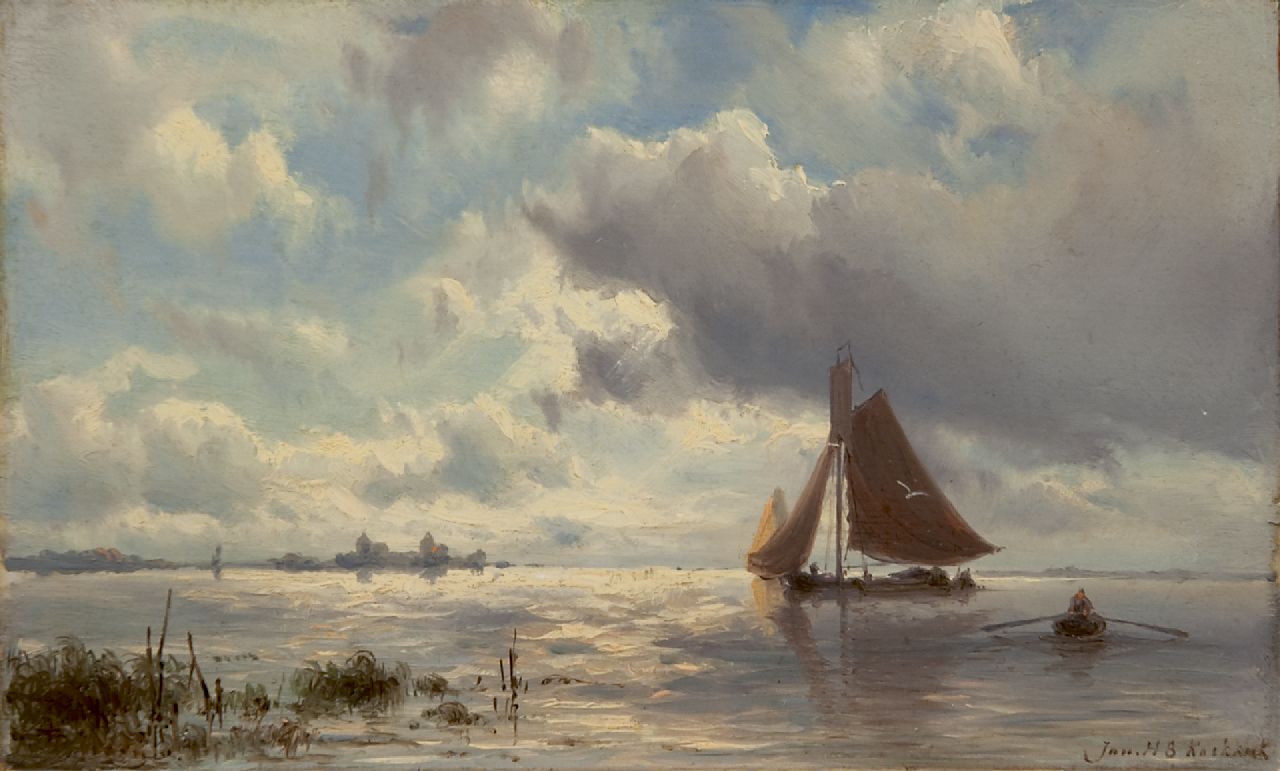Koekkoek J.H.B. | Johannes Hermanus Barend 'Jan H.B.' Koekkoek, Platbodem op het water nabij het Muiderslot bij vallende avond, olieverf op paneel 15,6 x 24,8 cm, gesigneerd rechtsonder Koekkoek J.H.B. | Johannes Hermanus Barend 'Jan H.B.' Koekkoek, Platbodem op het water nabij het Muiderslot bij vallende avond, olieverf op paneel 15,6 x 24,8 cm, gesigneerd rechtsonder