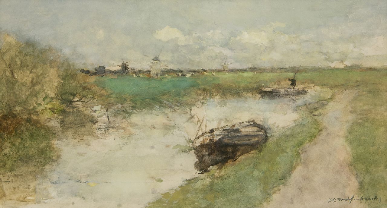Weissenbruch H.J. | Hendrik Johannes 'J.H.' Weissenbruch, Poldervaart met schuiten, aquarel op papier 30,0 x 54,6 cm, gesigneerd rechtsonder Weissenbruch H.J. | Hendrik Johannes 'J.H.' Weissenbruch, Poldervaart met schuiten, aquarel op papier 30,0 x 54,6 cm, gesigneerd rechtsonder