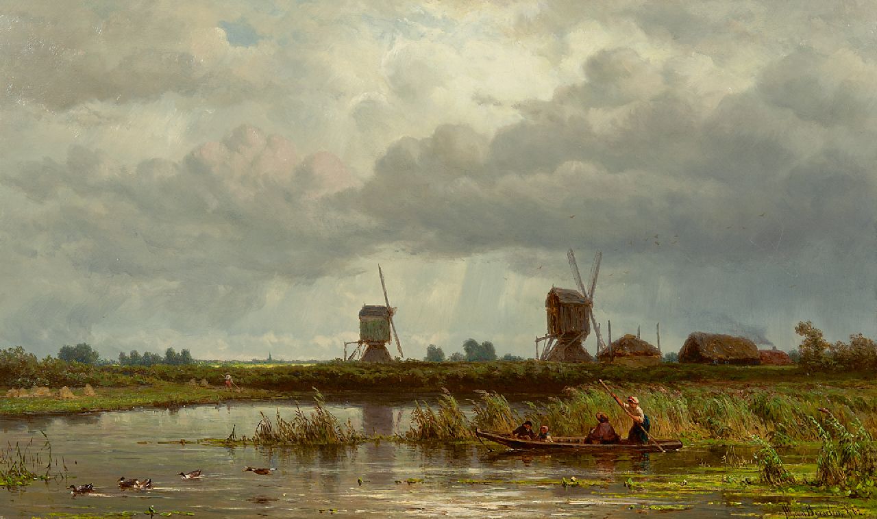Borselen J.W. van | Jan Willem van Borselen | Schilderijen te koop aangeboden | Waterrijk zomerlandschap met gezelschap in een bootje, olieverf op paneel 33,3 x 55,4 cm, gesigneerd rechtsonder en gedateerd '62 Borselen J.W. van | Jan Willem van Borselen | Schilderijen te koop aangeboden | Waterrijk zomerlandschap met gezelschap in een bootje, olieverf op paneel 33,3 x 55,4 cm, gesigneerd rechtsonder en gedateerd '62