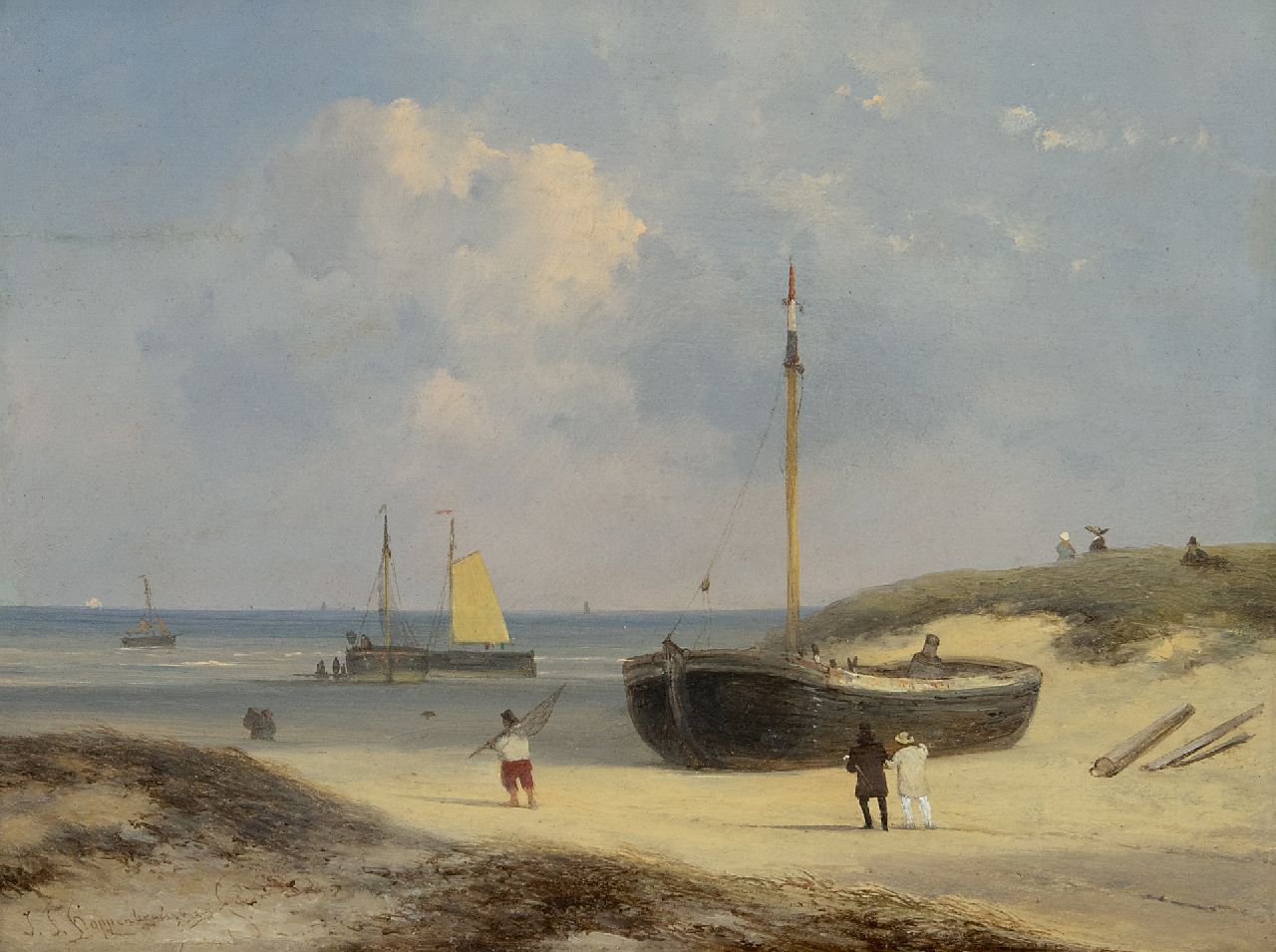 Hoppenbrouwers J.F.  | Johannes Franciscus Hoppenbrouwers, Wandelaars, vissers en bomschuiten op het strand bij Scheveningen, olieverf op paneel 22,4 x 29,0 cm, gesigneerd linksonder