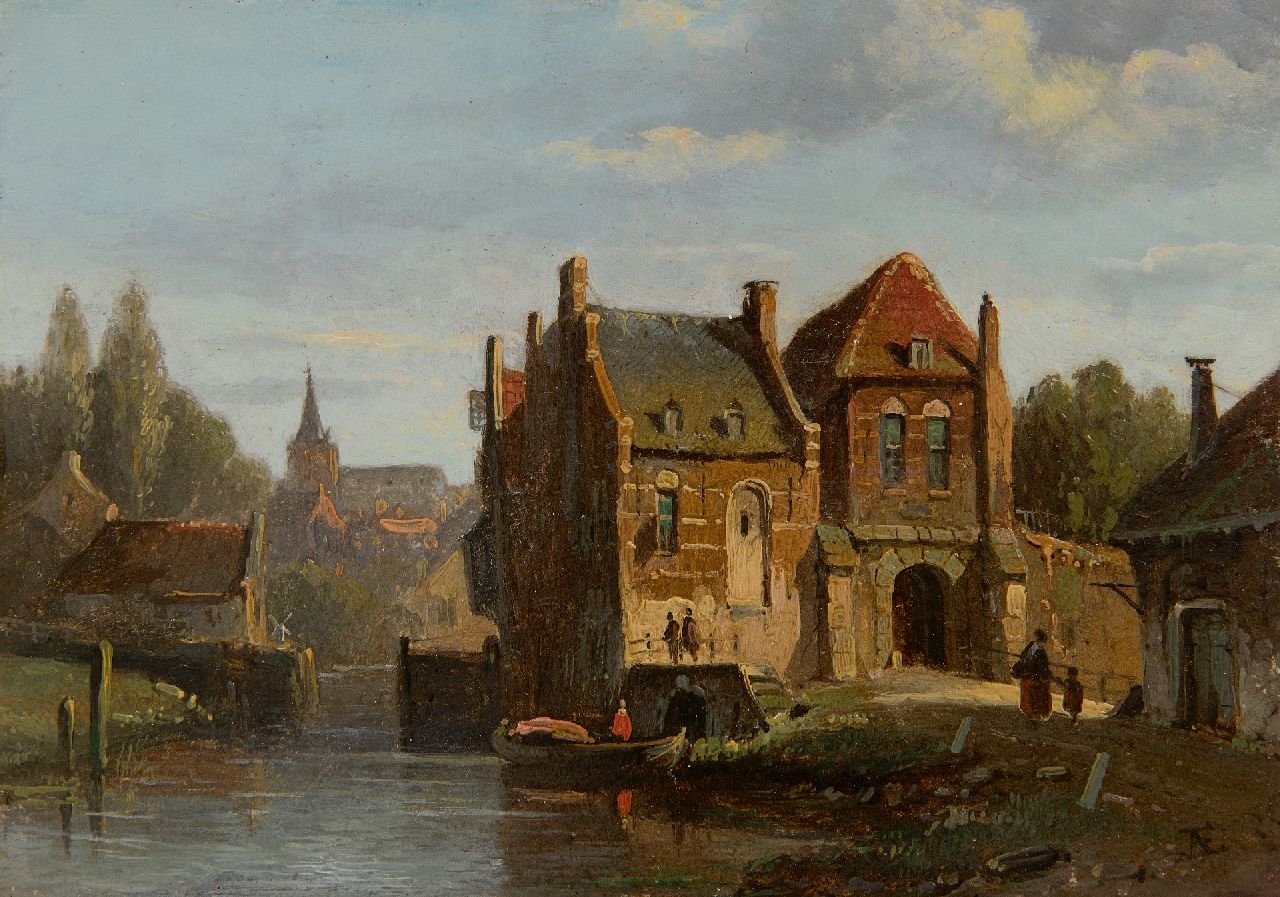 Eversen A. | Adrianus Eversen | Schilderijen te koop aangeboden | Zonnig stadsgezicht met stadspoortje, olieverf op paneel 13,1 x 18,0 cm, gesigneerd rechtsonder met monogram Eversen A. | Adrianus Eversen | Schilderijen te koop aangeboden | Zonnig stadsgezicht met stadspoortje, olieverf op paneel 13,1 x 18,0 cm, gesigneerd rechtsonder met monogram