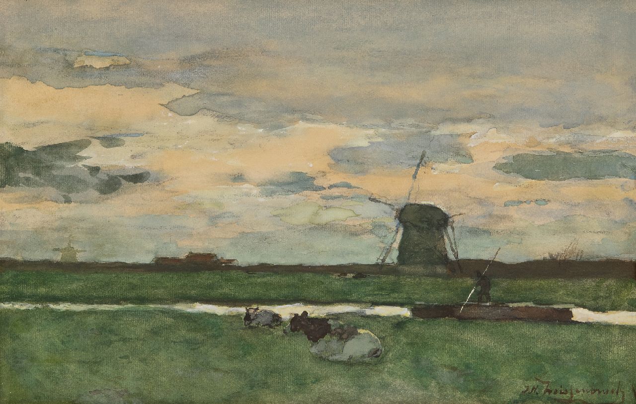 Weissenbruch H.J.  | Hendrik Johannes 'J.H.' Weissenbruch | Aquarellen en tekeningen te koop aangeboden | Polderlandschap met molen en pramende boer, aquarel op papier 29,7 x 46,0 cm, gesigneerd rechtsonder