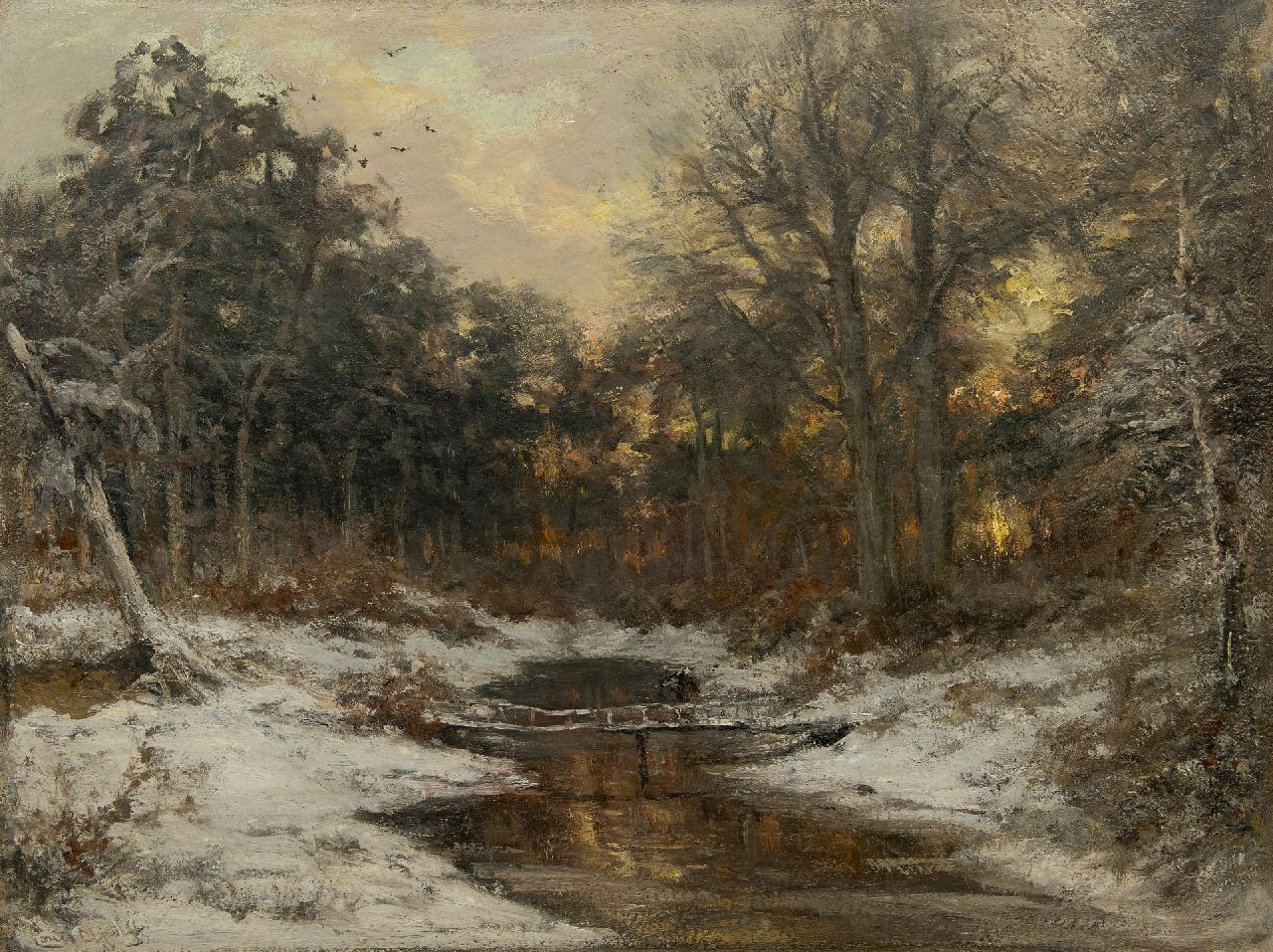 Apol L.F.H.  | Lodewijk Franciscus Hendrik 'Louis' Apol | Schilderijen te koop aangeboden | Besneeuwd bosgezicht bij zonsondergang, olieverf op doek 71,0 x 92,6 cm, gesigneerd linksonder