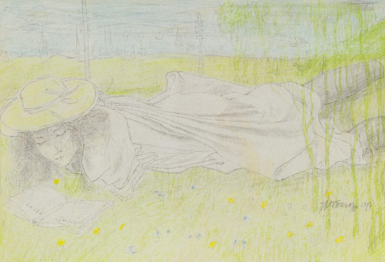Toorop J.Th. | Johannes Theodorus 'Jan' Toorop, Jonge vrouw, lezend in een boek 'Vrouwenrecht', potlood en krijt op papier 16,2 x 20,5 cm, gesigneerd rechtsonder en gedateerd 1897 Toorop J.Th. | Johannes Theodorus 'Jan' Toorop, Jonge vrouw, lezend in een boek 'Vrouwenrecht', potlood en krijt op papier 16,2 x 20,5 cm, gesigneerd rechtsonder en gedateerd 1897