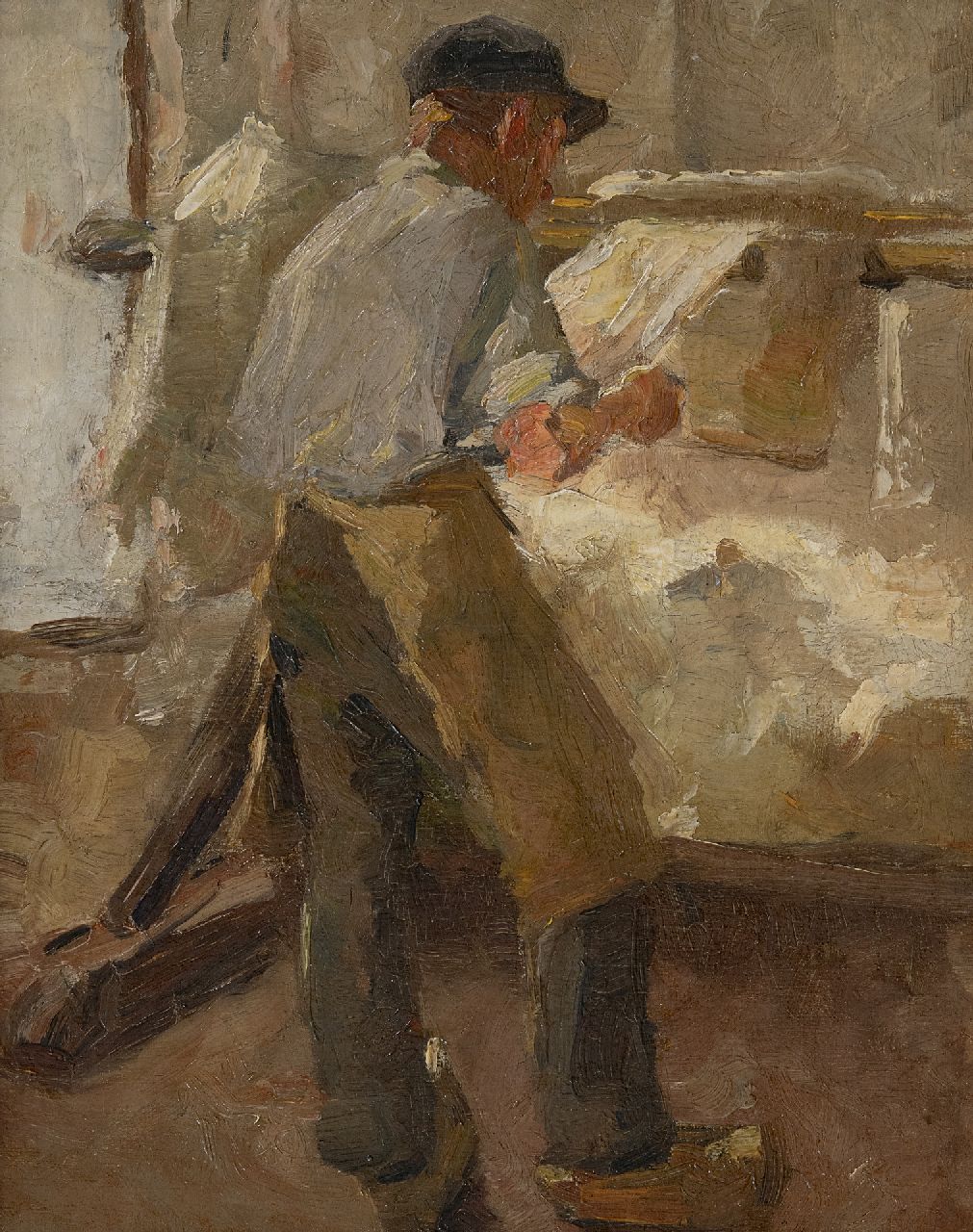 Rappard A.G.A. van | 'Anthon' Gerhard Alexander van Rappard | Schilderijen te koop aangeboden | Jonge arbeider aan een spanbok, olieverf op doek 33,1 x 26,3 cm, te dateren ca. 1890-1891 Rappard A.G.A. van | 'Anthon' Gerhard Alexander van Rappard | Schilderijen te koop aangeboden | Jonge arbeider aan een spanbok, olieverf op doek 33,1 x 26,3 cm, te dateren ca. 1890-1891