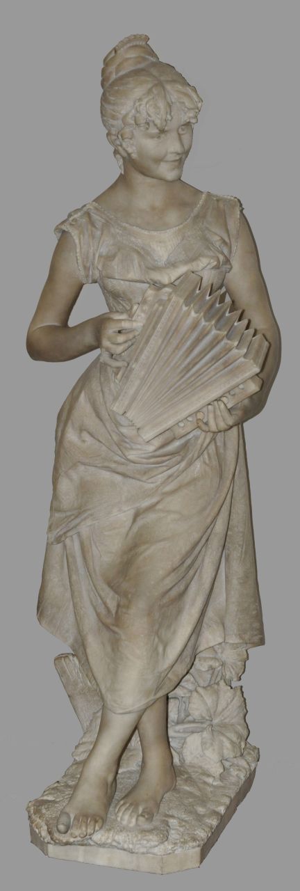 Cambi Prof. A. | Andrei Cambi | Beelden en objecten te koop aangeboden | De accordeoniste (alleen samen met 26557 'Landmeisje'), marmer 132,0 x 54,0 cm, gesigneerd op achterzijde en gedateerd 'Firenze 1891' Cambi Prof. A. | Andrei Cambi | Beelden en objecten te koop aangeboden | De accordeoniste (alleen samen met 26557 'Landmeisje'), marmer 132,0 x 54,0 cm, gesigneerd op achterzijde en gedateerd 'Firenze 1891'