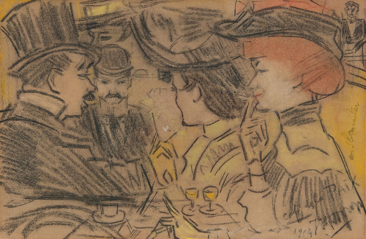 Toorop J.Th. | Johannes Theodorus 'Jan' Toorop | Aquarellen en tekeningen te koop aangeboden | Elegant gezelschap in Café de la Paix, Parijs, zwart en gekleurd krijt op papier 14,6 x 22,1 cm, gesigneerd rechtsonder en gedateerd 1904 Toorop J.Th. | Johannes Theodorus 'Jan' Toorop | Aquarellen en tekeningen te koop aangeboden | Elegant gezelschap in Café de la Paix, Parijs, zwart en gekleurd krijt op papier 14,6 x 22,1 cm, gesigneerd rechtsonder en gedateerd 1904