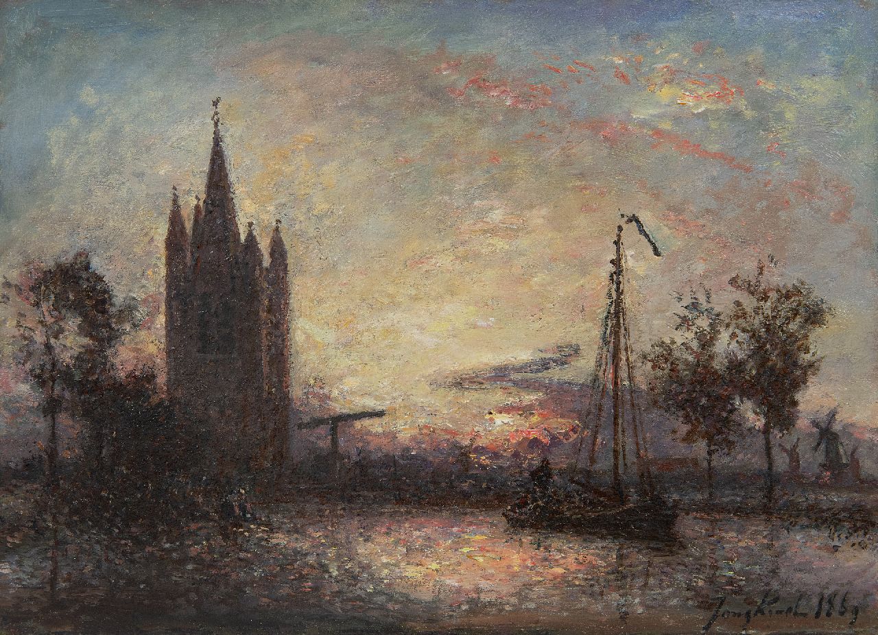 Jongkind J.B.  | Johan Barthold Jongkind | Schilderijen te koop aangeboden | Coucher de soleil sur l'église, Hollande, olieverf op doek 24,3 x 32,5 cm, gesigneerd rechtsonder en gedateerd 1869