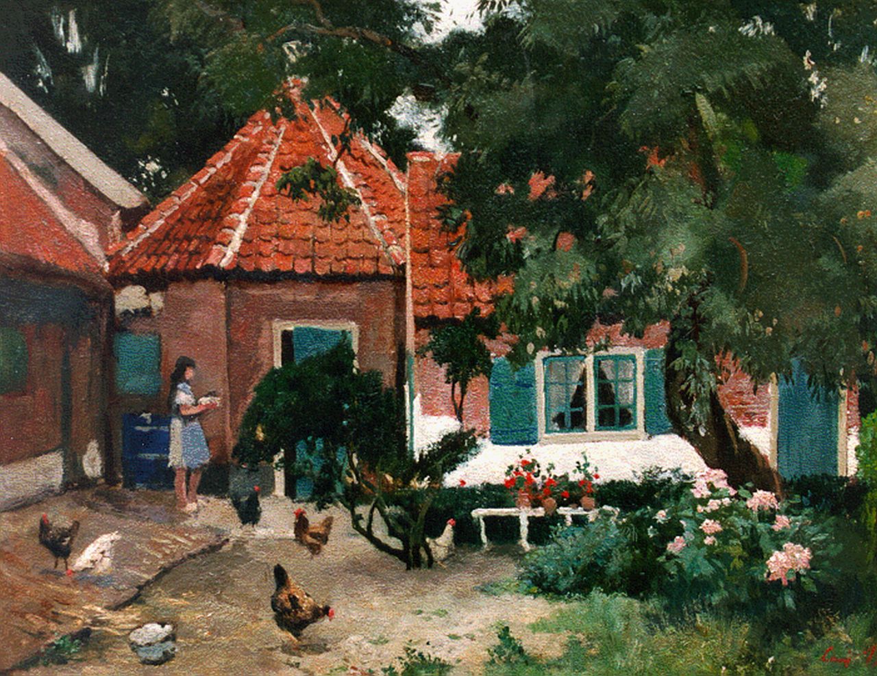 Bron J.L.H.  | Jean 'Louis' Henri Bron, Boerenerf met meisje en kippen, 29,9 x 37,7 cm, gesigneerd rechtsonder
