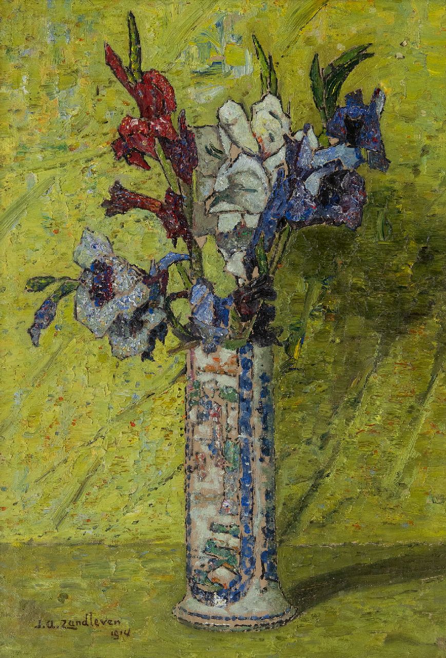 Zandleven J.A. | Jan Adam Zandleven, Gladiolen in een geglazuurde vaas, olieverf op doek 50,2 x 35,5 cm, gesigneerd linksonder en gedateerd 1914 Zandleven J.A. | Jan Adam Zandleven, Gladiolen in een geglazuurde vaas, olieverf op doek 50,2 x 35,5 cm, gesigneerd linksonder en gedateerd 1914