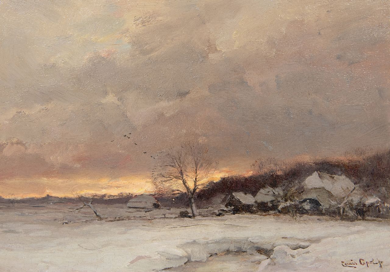 Apol L.F.H. | Lodewijk Franciscus Hendrik 'Louis' Apol, Winterlandschap met ondergaande zon, olieverf op paneel 25,6 x 37,1 cm, gesigneerd rechtsonder Apol L.F.H. | Lodewijk Franciscus Hendrik 'Louis' Apol, Winterlandschap met ondergaande zon, olieverf op paneel 25,6 x 37,1 cm, gesigneerd rechtsonder