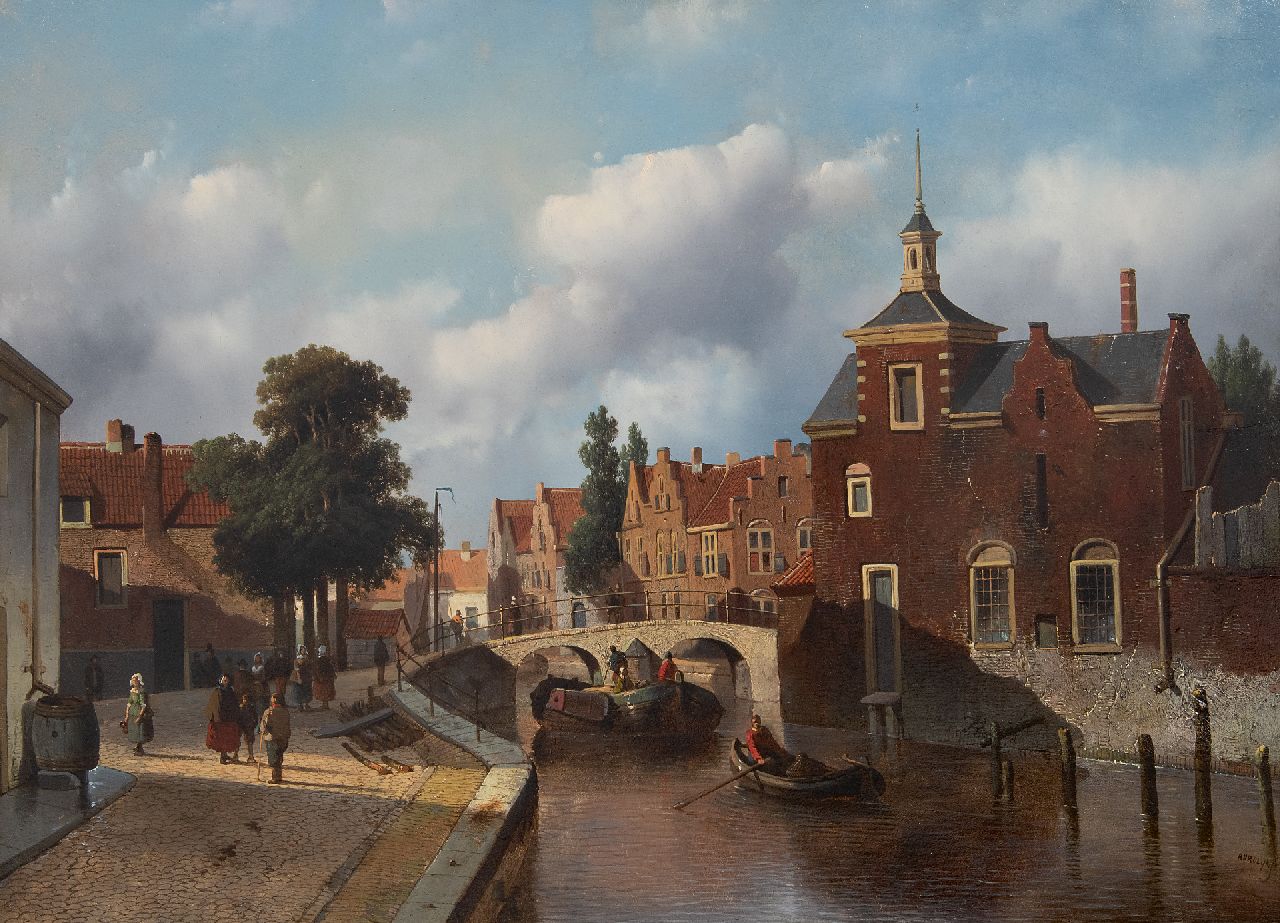 Vrolijk J.A.  | Jacobus 'Adriaan' Vrolijk, Hollandse stadsgracht met scheepvaart en figuren, olieverf op paneel 38,6 x 52,4 cm, gesigneerd rechtsonder