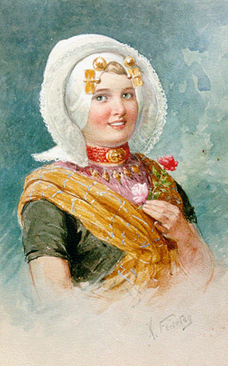 Feiertag K. | Karl Feiertag, Zeeuws meisje met rozen, aquarel op papier 27,7 x 17,8 cm, gesigneerd rechtsonder Feiertag K. | Karl Feiertag, Zeeuws meisje met rozen, aquarel op papier 27,7 x 17,8 cm, gesigneerd rechtsonder