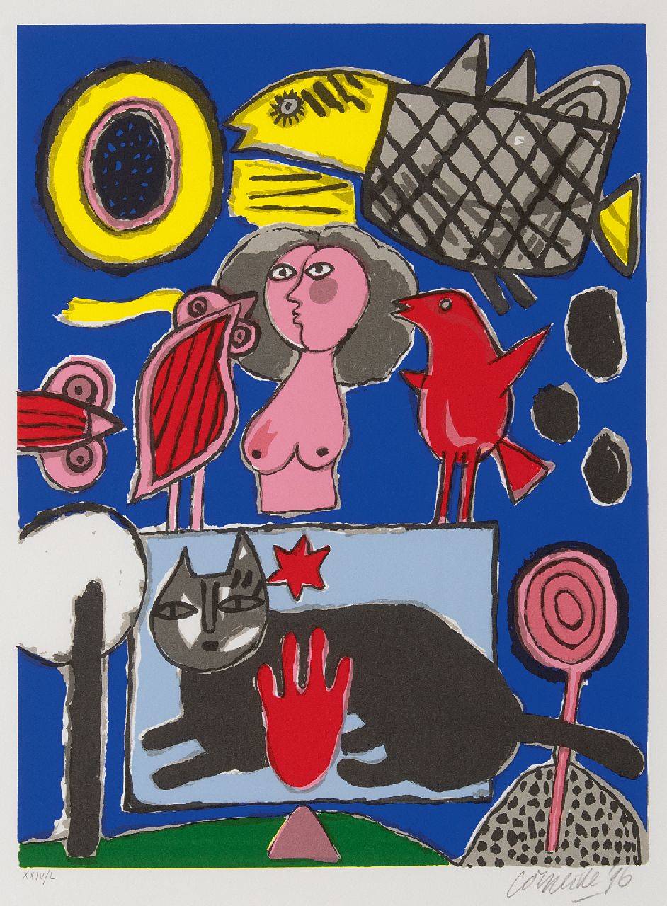 Corneille ('Corneille' Guillaume Beverloo) | Corneille ('Corneille' Guillaume Beverloo) | Grafiek te koop aangeboden | Compositie met zwarte kat, roze vrouw en vogels, litho op papier 47,6 x 35,7 cm, gesigneerd rechtsonder (in potlood) en gedateerd '96 (in potlood) Corneille ('Corneille' Guillaume Beverloo) | Corneille ('Corneille' Guillaume Beverloo) | Grafiek te koop aangeboden | Compositie met zwarte kat, roze vrouw en vogels, litho op papier 47,6 x 35,7 cm, gesigneerd rechtsonder (in potlood) en gedateerd '96 (in potlood)