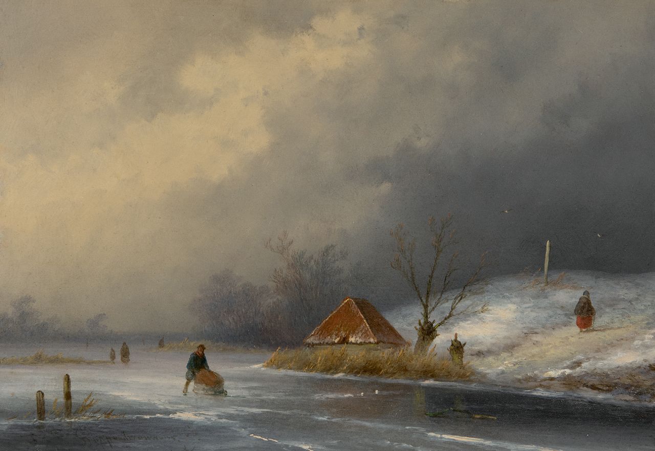 Hoppenbrouwers J.F. | Johannes Franciscus Hoppenbrouwers, Figuren op het ijs bij naderende sneeuwstorm, olieverf op paneel 22,3 x 31,5 cm, gesigneerd linksonder Hoppenbrouwers J.F. | Johannes Franciscus Hoppenbrouwers, Figuren op het ijs bij naderende sneeuwstorm, olieverf op paneel 22,3 x 31,5 cm, gesigneerd linksonder
