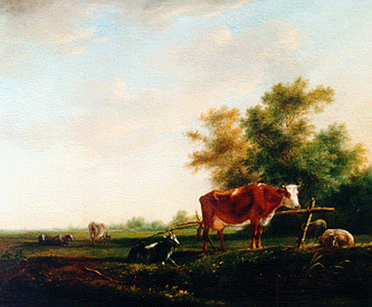 Janson J. | Johannes Janson, Koeien, schapen en bok in de wei, olieverf op paneel 29,8 x 35,5 cm, gesigneerd rechtsonder Janson J. | Johannes Janson, Koeien, schapen en bok in de wei, olieverf op paneel 29,8 x 35,5 cm, gesigneerd rechtsonder