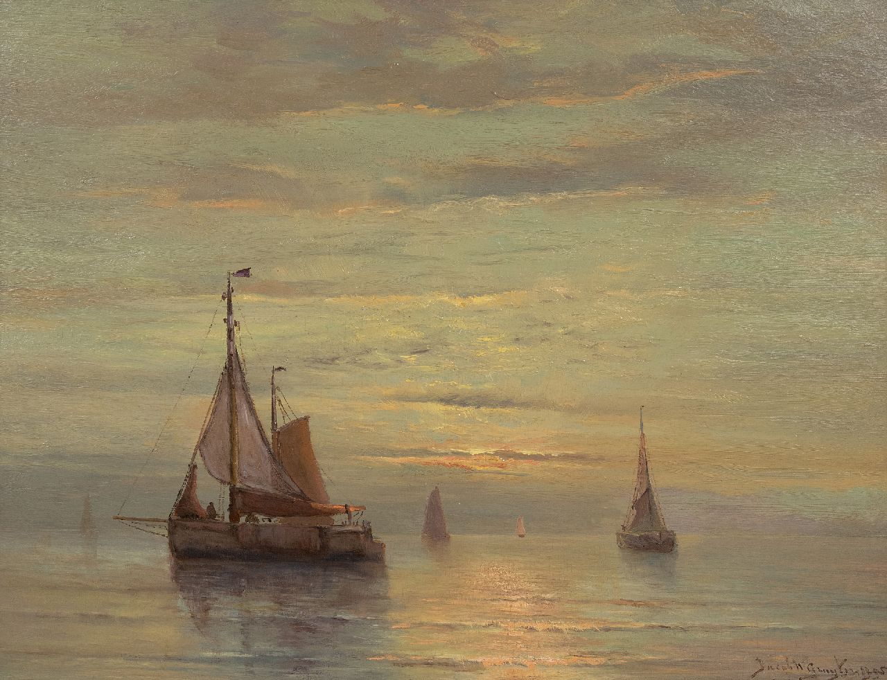 Jacob Willem Gruijter | Schepen op kalme zee bij zonsondergang, olieverf op paneel, 50,4 x 65,0 cm, gesigneerd r.o. en gedateerd 1905, zonder lijst Jacob Willem Gruijter | Schepen op kalme zee bij zonsondergang, olieverf op paneel, 50,4 x 65,0 cm, gesigneerd r.o. en gedateerd 1905, zonder lijst