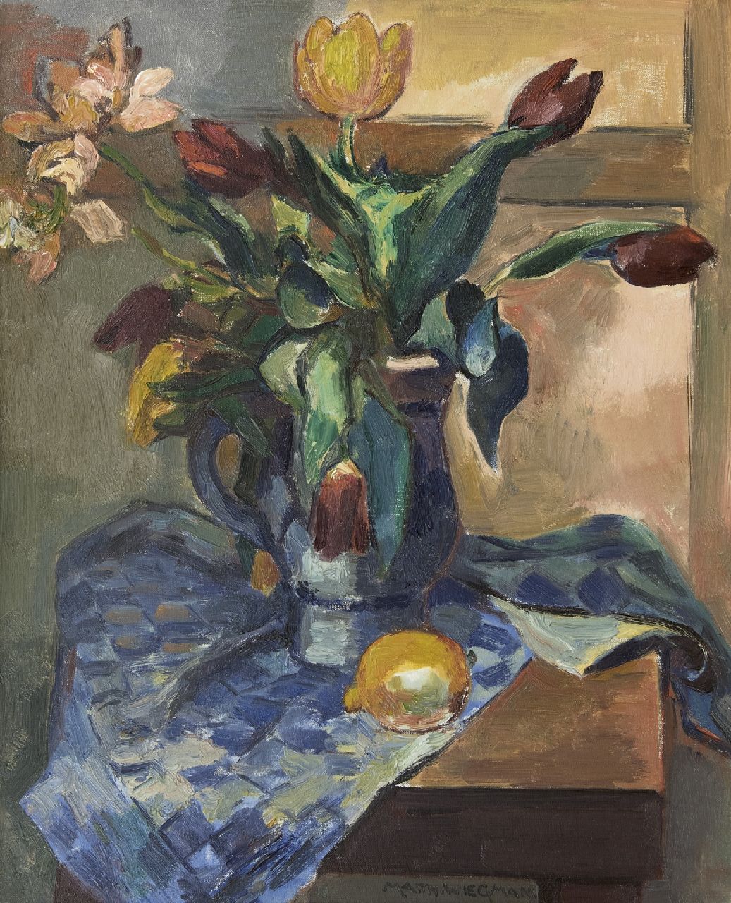 Wiegman M.J.M. | Mattheus Johannes Marie 'Matthieu' Wiegman, Stilleven met tulpen en een citroen, olieverf op doek 61,4 x 50,1 cm, gesigneerd middenonder Wiegman M.J.M. | Mattheus Johannes Marie 'Matthieu' Wiegman, Stilleven met tulpen en een citroen, olieverf op doek 61,4 x 50,1 cm, gesigneerd middenonder